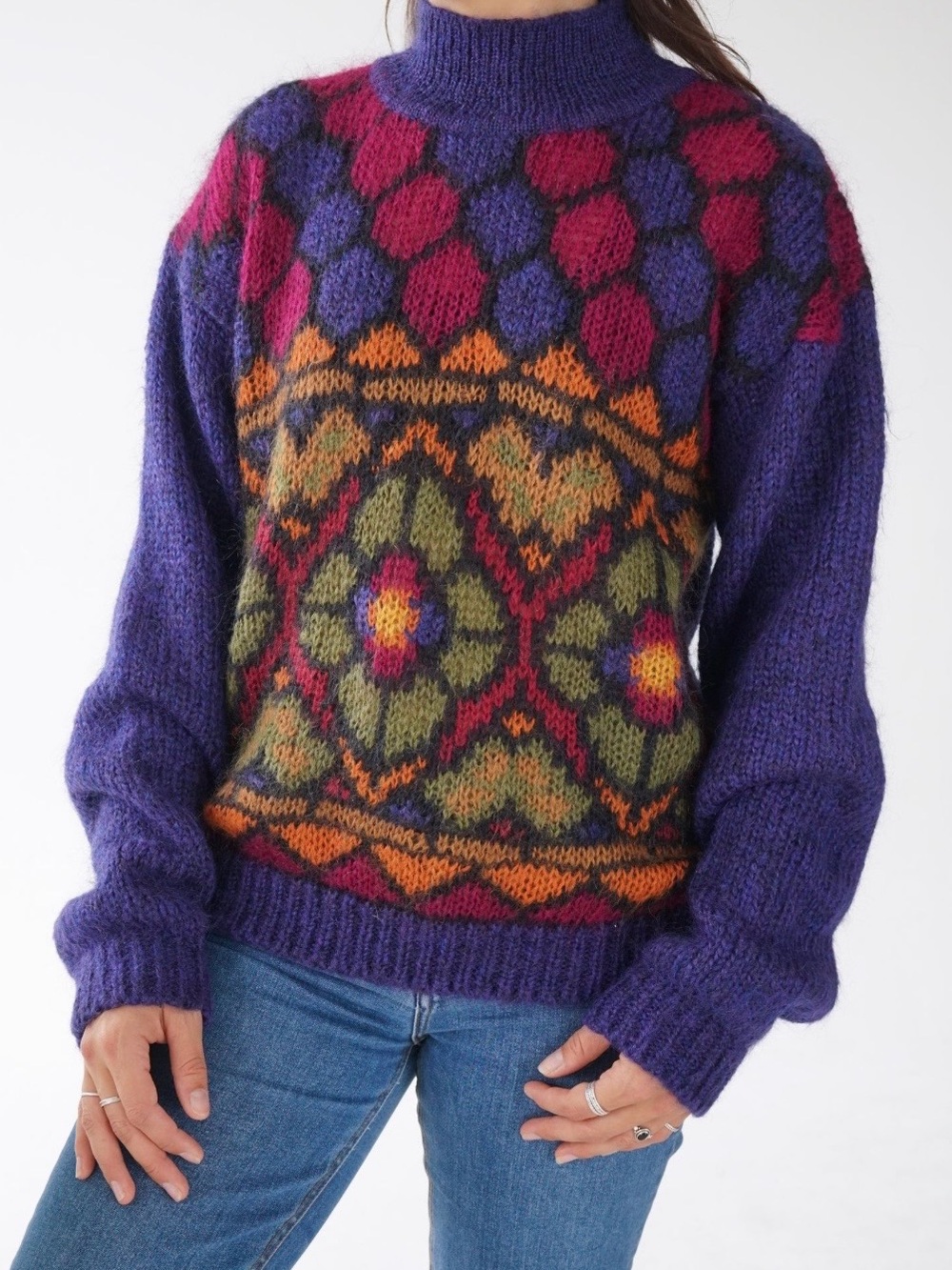 Vintage 90s JEANNE PIERRE Mohair Fair Isle Turtleneck Sweater
